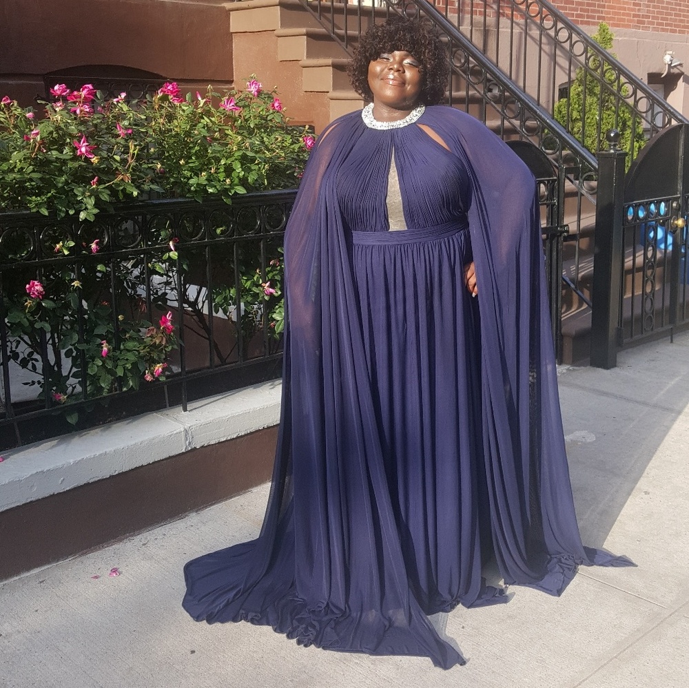 Navy Crystal Jeweled Neckline Chiffon Prom Dress 